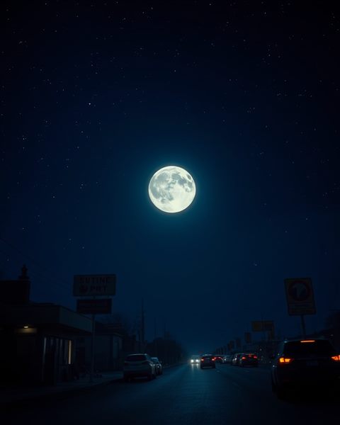 Cinematic film still of A glowing bright full moon shining in a dark indigo night sky filled with distant stars, wide shot with open space at the top for text, vivid colors, high contrast, energetic, 4:5 aspect ratio