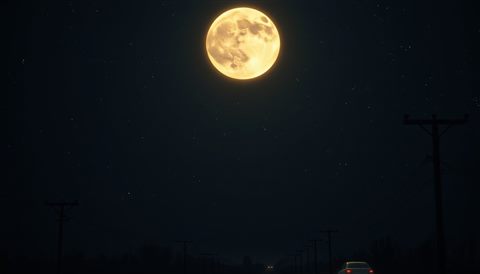 Photorealistic photo of A glowing bright full moon shining in a dark indigo night sky filled with distant stars, high-angle view from above, warm golden light, calm mood, 16:9 aspect ratio
