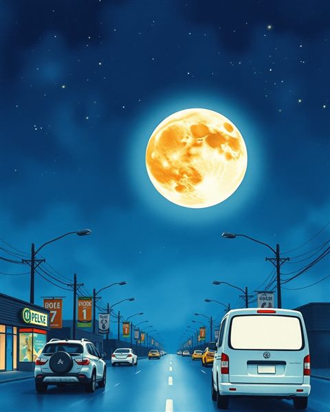 Watercolor illustration of A glowing bright full moon shining in a dark indigo night sky filled with distant stars, wide shot with open space at the top for text, cool blue tones, quiet atmosphere, 4:5 aspect ratio