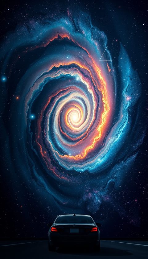 Photorealistic photo of A breathtaking cosmic view of a colorful spiral galaxy with swirling stars and nebulas, close-up detail with shallow depth of field, moody dark tones, dramatic lighting, 9:16 aspect ratio