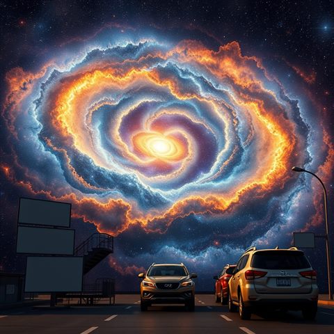 Photorealistic photo of A breathtaking cosmic view of a colorful spiral galaxy with swirling stars and nebulas, wide shot with open space at the top for text, warm golden light, calm mood, 1:1 aspect ratio
