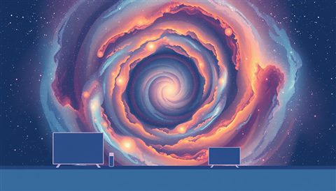 Minimal flat illustration of A breathtaking cosmic view of a colorful spiral galaxy with swirling stars and nebulas, centered subject with a simple uncluttered composition, soft pastel colors, bright and cozy, 16:9 aspect ratio