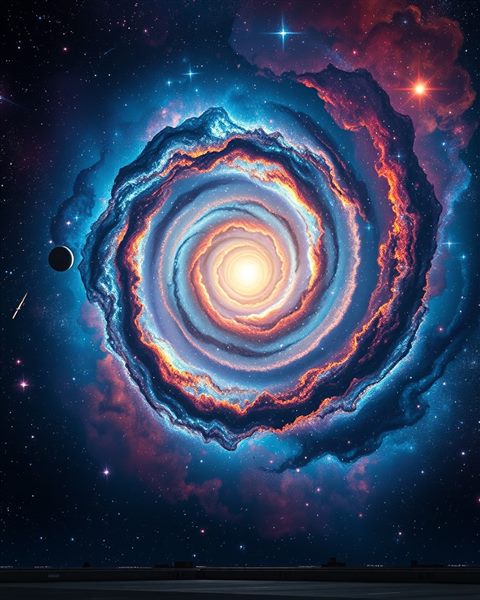 Cinematic film still of A breathtaking cosmic view of a colorful spiral galaxy with swirling stars and nebulas, high-angle view from above, vivid colors, high contrast, energetic, 4:5 aspect ratio