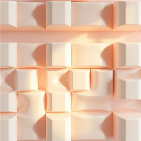 Soft 3D render of A clean modern geometric pattern with repeating abstract shapes in soft pastel colors, close-up detail with shallow depth of field, misty morning haze, dreamy, 1:1 aspect ratio