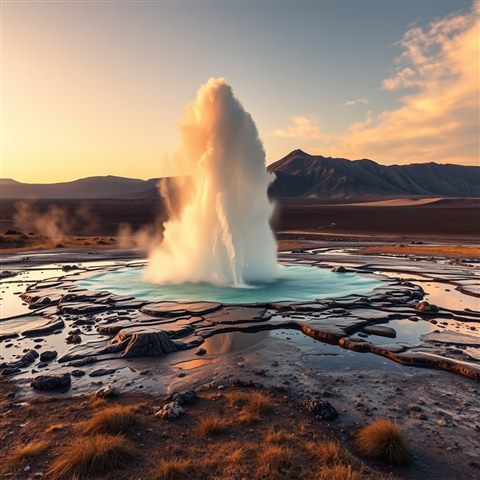 Photorealistic photo of a natural hot water geyser erupting powerfully in a remote volcanic landscape, wide shot with open space at the top for text, warm golden light, calm mood, 1:1 aspect ratio