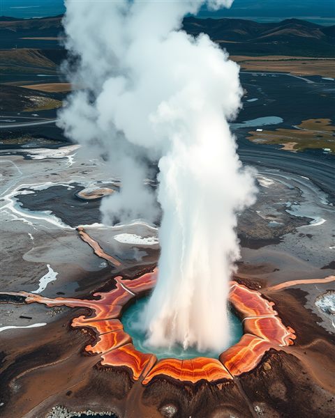 Cinematic film still of a natural hot water geyser erupting powerfully in a remote volcanic landscape, high-angle view from above, vivid colors, high contrast, energetic, 4:5 aspect ratio
