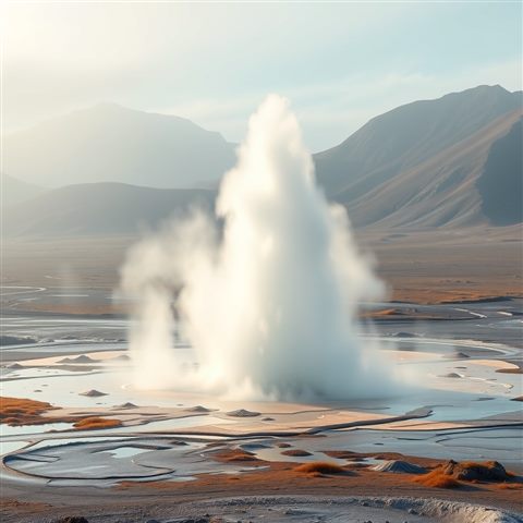Soft 3D render of a natural hot water geyser erupting powerfully in a remote volcanic landscape, wide shot with open space at the top for text, misty morning haze, dreamy, 1:1 aspect ratio