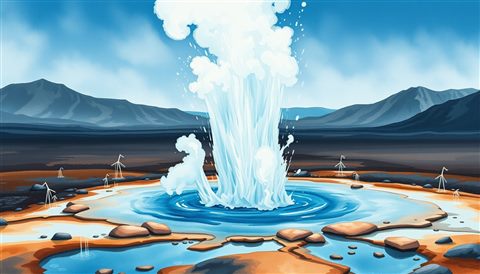 Watercolor illustration of a natural hot water geyser erupting powerfully in a remote volcanic landscape, close-up detail with shallow depth of field, cool blue tones, quiet atmosphere, 16:9 aspect ratio