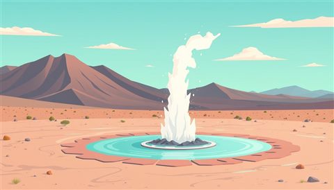 Minimal flat illustration of a natural hot water geyser erupting powerfully in a remote volcanic landscape, centered subject with a simple uncluttered composition, soft pastel colors, bright and cozy, 16:9 aspect ratio
