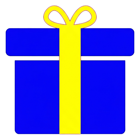 Flat color icon, bold solid colors of a gift box with a ribbon icon, transparent background PNG