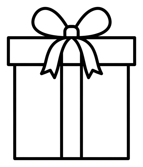 Thin black line icon, minimal outline of a gift box with a ribbon icon, transparent background PNG