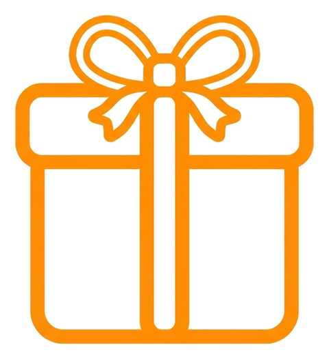 Rounded line icon, thick orange outline of a gift box with a ribbon icon, transparent background PNG