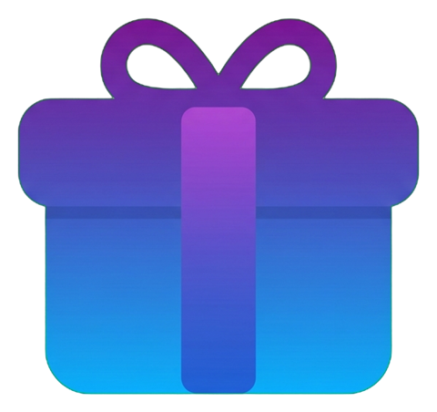 Gradient app-style icon, purple to blue gradient of a gift box with a ribbon icon, transparent background PNG