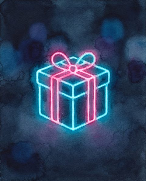 Watercolor illustration of Neon glowing gift box icon with bright pink and cyan lights against a dark background, close-up detail with shallow depth of field, cool blue tones, quiet atmosphere, 4:5 aspect ratio