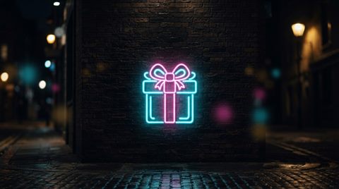 Photorealistic photo of Neon glowing gift box icon with bright pink and cyan lights against a dark background, wide shot with open space at the top for text, warm golden light, calm mood, 16:9 aspect ratio