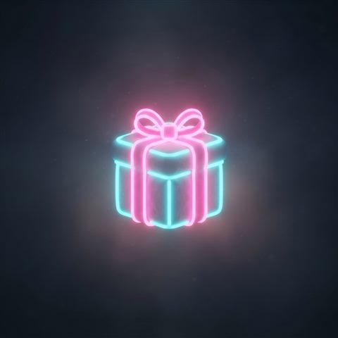 Soft 3D render of Neon glowing gift box icon with bright pink and cyan lights against a dark background, centered subject with a simple uncluttered composition, misty morning haze, dreamy, 1:1 aspect ratio