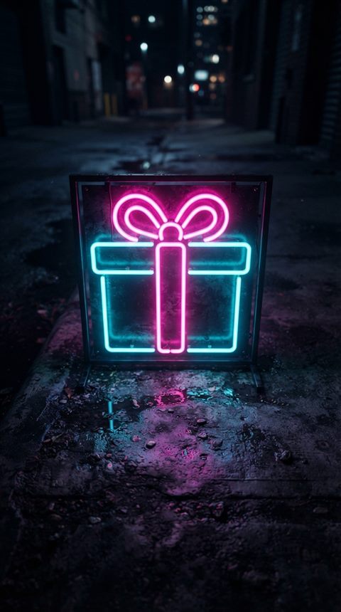 Photorealistic photo of Neon glowing gift box icon with bright pink and cyan lights against a dark background, high-angle view from above, moody dark tones, dramatic lighting, 9:16 aspect ratio
