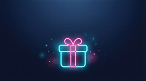 Minimal flat illustration of Neon glowing gift box icon with bright pink and cyan lights against a dark background, wide shot with open space at the top for text, soft pastel colors, bright and cozy, 16:9 aspect ratio
