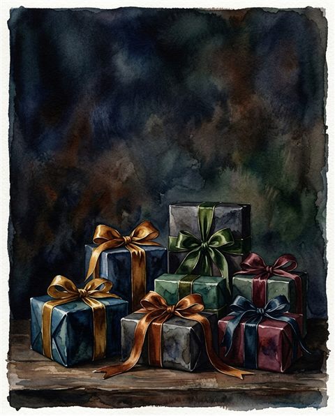 Watercolor illustration of wrapped gift boxes with ribbons, wide shot with open space at the top for text, moody dark tones, dramatic lighting, 4:5 aspect ratio