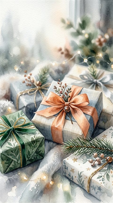 Watercolor illustration of wrapped gift boxes with ribbons, close-up detail with shallow depth of field, misty morning haze, dreamy, 9:16 aspect ratio