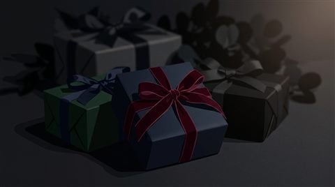 Minimal flat illustration of wrapped gift boxes with ribbons, close-up detail with shallow depth of field, moody dark tones, dramatic lighting, 16:9 aspect ratio