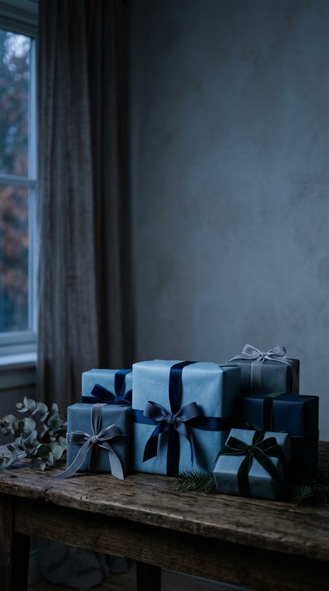 Cinematic film still of wrapped gift boxes with ribbons, wide shot with open space at the top for text, cool blue tones, quiet atmosphere, 9:16 aspect ratio