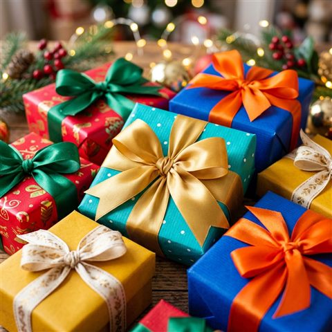 Photorealistic photo of wrapped gift boxes with ribbons, close-up detail with shallow depth of field, vivid colors, high contrast, energetic, 1:1 aspect ratio