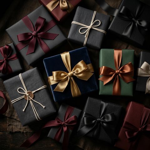 Soft 3d render of wrapped gift boxes with ribbons, high-angle view from above, moody dark tones, dramatic lighting, 1:1 aspect ratio