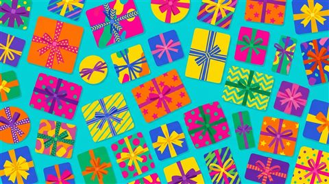 Minimal flat illustration of wrapped gift boxes with ribbons, high-angle view from above, vivid colors, high contrast, energetic, 16:9 aspect ratio