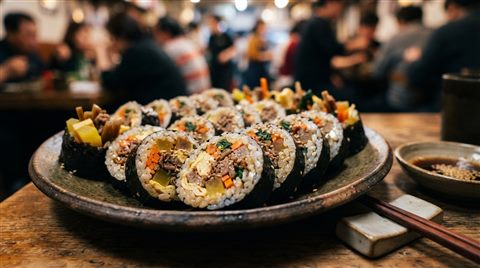 Cinematic film still of sliced gimbap rolls arranged on a plate, close-up detail with shallow depth of field, vivid colors, high contrast, energetic, 16:9 aspect ratio