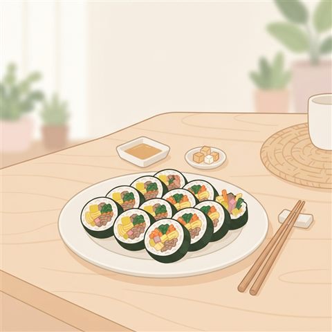 Minimal flat illustration of sliced gimbap rolls arranged on a plate, wide shot with open space at the top for text, soft pastel colors, bright and cozy, 1:1 aspect ratio