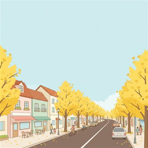 Minimal flat illustration of yellow ginkgo trees along a street, wide shot with open space at the top for text, soft pastel colors, bright and cozy, 1:1 aspect ratio