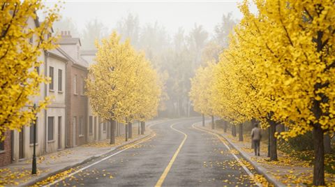 Soft 3D render of yellow ginkgo trees along a street, centered subject with a simple uncluttered composition, misty morning haze, dreamy, 16:9 aspect ratio