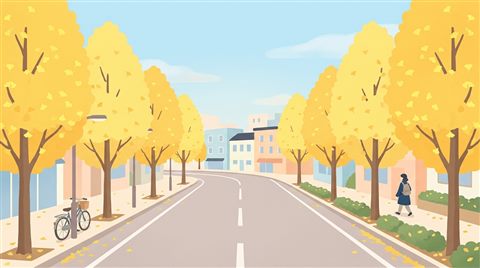 Minimal flat illustration of yellow ginkgo trees along a street, centered subject with a simple uncluttered composition, soft pastel colors, bright and cozy, 16:9 aspect ratio