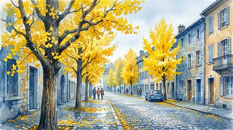 Watercolor illustration of yellow ginkgo trees along a street, close-up detail with shallow depth of field, cool blue tones, quiet atmosphere, 16:9 aspect ratio
