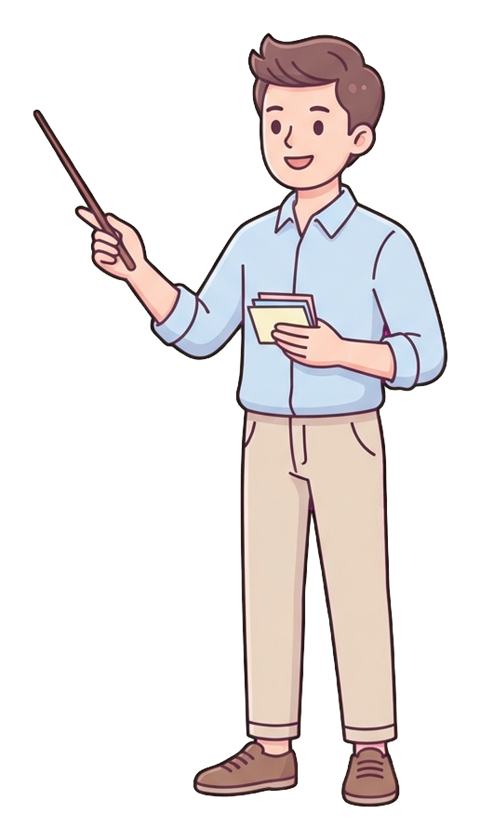 Simple cute flat cartoon illustration with soft pastel colors and thin clean dark outlines of a young man, person giving a presentation with a pointer stick, transparent background PNG