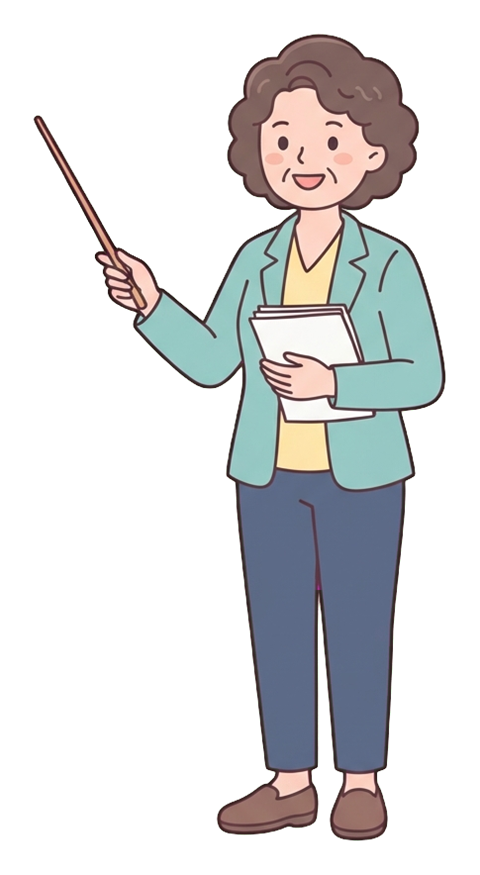 Simple cute flat cartoon illustration with soft pastel colors and thin clean dark outlines of a middle-aged woman, person giving a presentation with a pointer stick, transparent background PNG