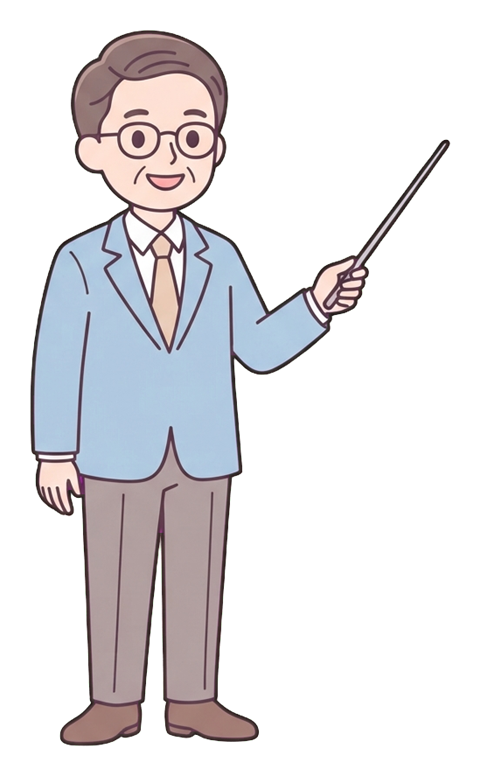 Simple cute flat cartoon illustration with soft pastel colors and thin clean dark outlines of a middle-aged man, person giving a presentation with a pointer stick, transparent background PNG