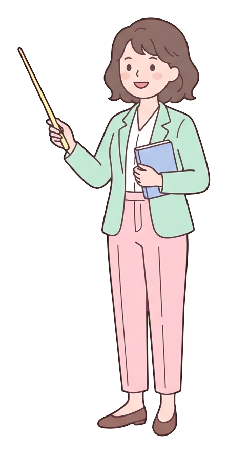 Simple cute flat cartoon illustration with soft pastel colors and thin clean dark outlines of a young woman, person giving a presentation with a pointer stick, transparent background PNG