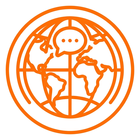 Rounded line icon, thick orange outline of a globe language icon, transparent background PNG