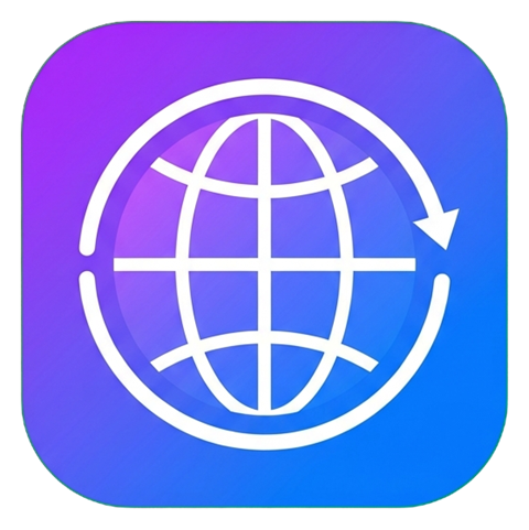 Gradient app-style icon, purple to blue gradient of a globe language icon, transparent background PNG