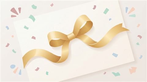 Minimal flat illustration of A shiny golden ribbon on a clean background, elegant and celebratory design element, high-angle view from above, soft pastel colors, bright and cozy, 16:9 aspect ratio