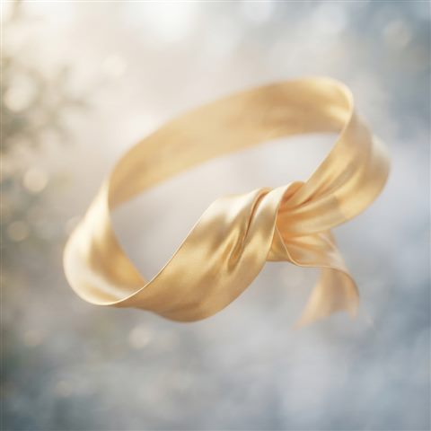 Soft 3D render of A shiny golden ribbon on a clean background, elegant and celebratory design element, close-up detail with shallow depth of field, misty morning haze, dreamy, 1:1 aspect ratio