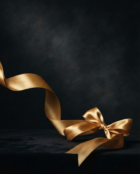 Photorealistic photo of A shiny golden ribbon on a clean background, elegant and celebratory design element, wide shot with open space at the top for text, moody dark tones, dramatic lighting, 4:5 aspect ratio