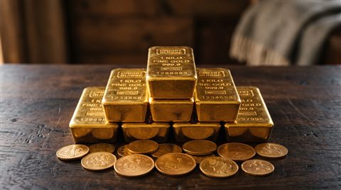 Cinematic film still of gold bars and coins, centered subject with a simple uncluttered composition, warm golden light, calm mood, 16:9 aspect ratio