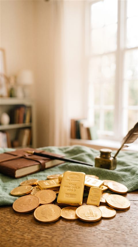 Cinematic film still of gold bars and coins, wide shot with open space at the top for text, soft pastel colors, bright and cozy, 9:16 aspect ratio