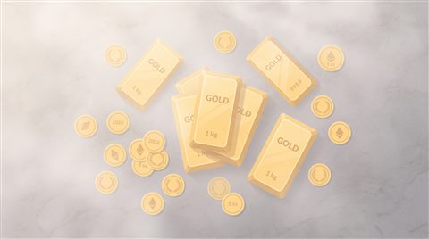 Minimal flat illustration of gold bars and coins, high-angle view from above, misty morning haze, dreamy, 16:9 aspect ratio