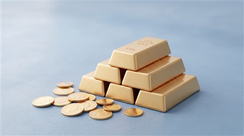 Soft 3d render of gold bars and coins, centered subject with a simple uncluttered composition, cool blue tones, quiet atmosphere, 16:9 aspect ratio