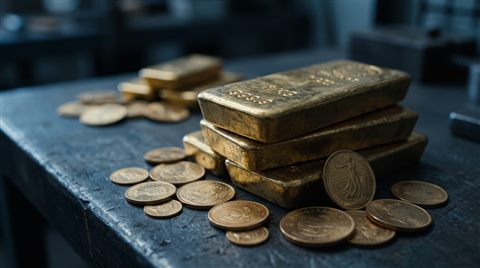 Cinematic film still of gold bars and coins, close-up detail with shallow depth of field, cool blue tones, quiet atmosphere, 16:9 aspect ratio