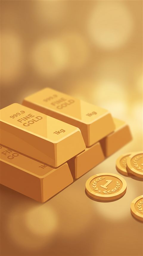Minimal flat illustration of gold bars and coins, close-up detail with shallow depth of field, warm golden light, calm mood, 9:16 aspect ratio